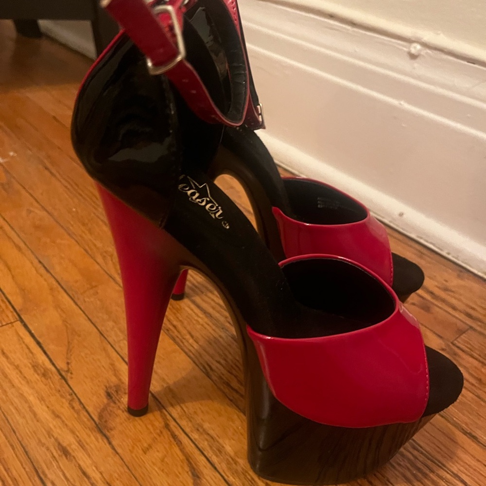 Pleaser black and red 8 inch heel Mary Jane with peek a boo toe